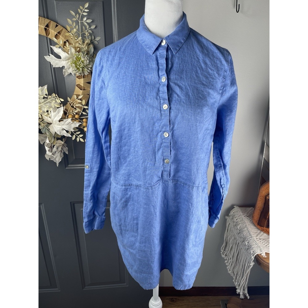 J. Jill Love Linen Women's Blue 100% Linen Roll Sleeves Tunic Top Sz S Coastal